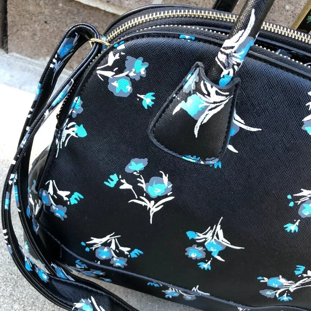 Faux Leather Purse Shoulder Top Handle Bowling Bag Black Floral 3 Compartment​​ - Picture 5 of 16